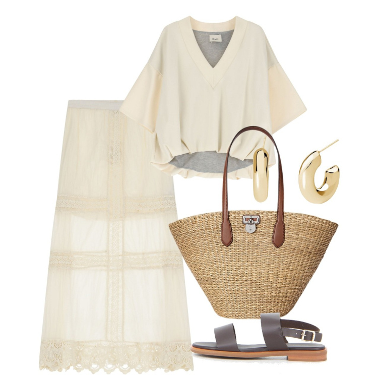 Outfit donna - Dixie a Positano. Stile Casual per Tutti i giorni. Abbinamento con orecchini, gonne lunghe, t-shirt, borse tote, sandali.