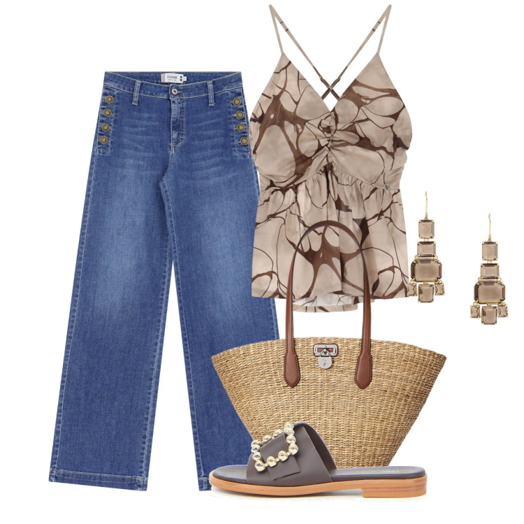 Outfit donna - Please - Drive me to the sea!. Stile Casual chic per Tutti i giorni. Abbinamento con canottiere, jeans a zampa, borse tote, orecchini, ciabatte.