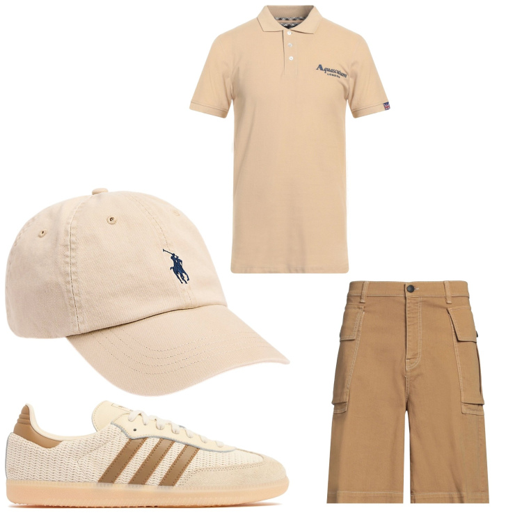 Outfit uomo - Signor Beige. Stile Casual per Tutti i giorni. Abbinamento con polo, shorts, cappelli, sneakers.