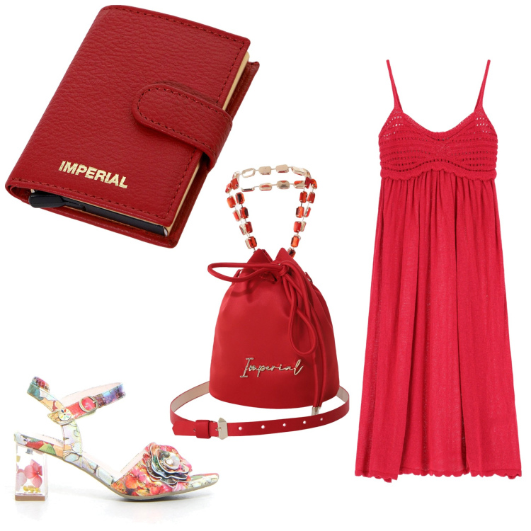 Outfit donna - Rosso e fiori. Stile Chic per Serata fuori. Abbinamento con vestiti, portafogli, borse a secchiello, sandali col tacco.