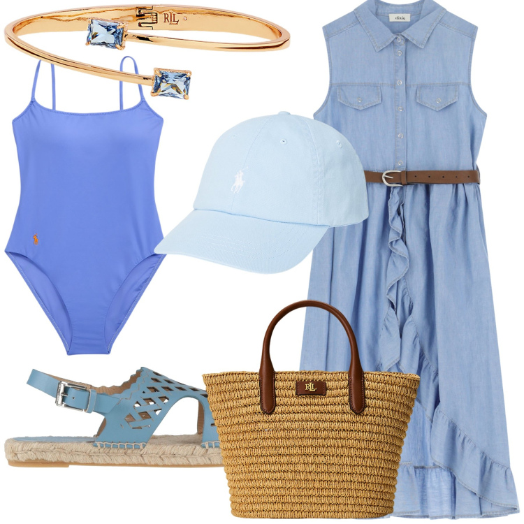 Outfit donna - Azzurro come il mare. Stile Bon Ton per Mare. Abbinamento con espadrillas, vestiti senza maniche, cappelli, borse tote, braccialetti, costumi interi.