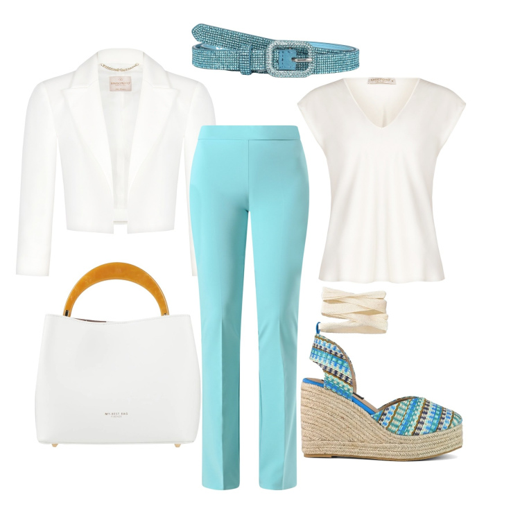 Outfit donna - Lunedì estivo in ufficio. Stile Casual chic per Ufficio. Abbinamento con borse a mano, cinture, bluse, pantaloni, bolero, zeppe.