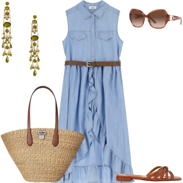 Outfit donna - Vestito leggero. Stile Romantica per Mare. Abbinamento con vestiti senza maniche, occhiali da sole, orecchini, borse tote, sandali in pelle.