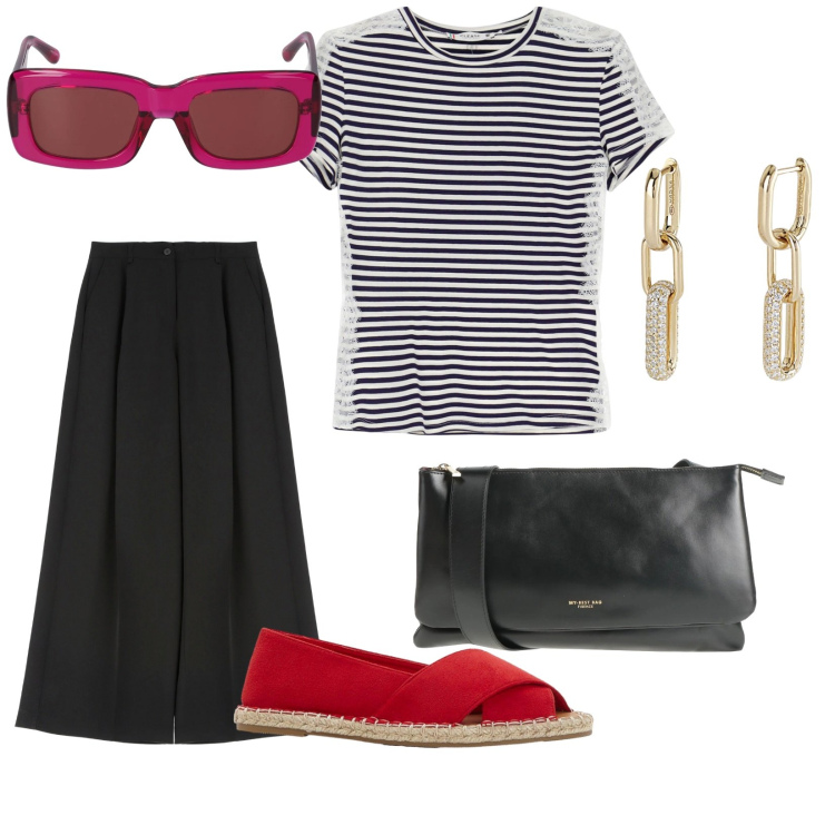 Outfit donna - Oggi si vota. per Ufficio. Abbinamento con espadrillas, borse a tracolla, orecchini, pantaloni a palazzo, t-shirt, occhiali da sole.
