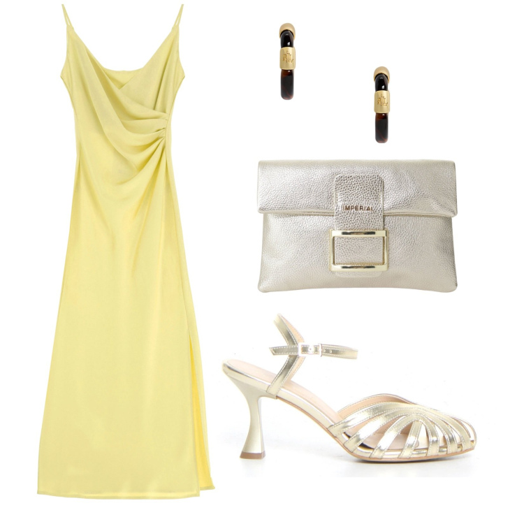 Outfit donna - Serata all\' aperto. per Serata fuori. Abbinamento con vestiti midi/longuette, pochette, orecchini, sandali col tacco.