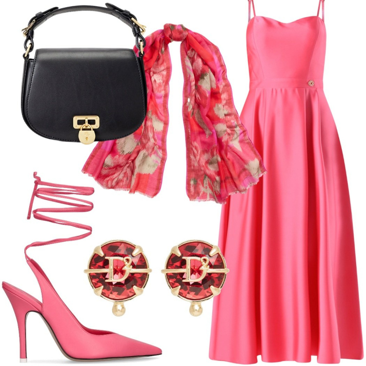 Outfit donna - Cerimonia in rosa. Stile Glamour per Cerimonia. Abbinamento con orecchini, vestiti, borse a tracolla, sciarpe, décolleté.