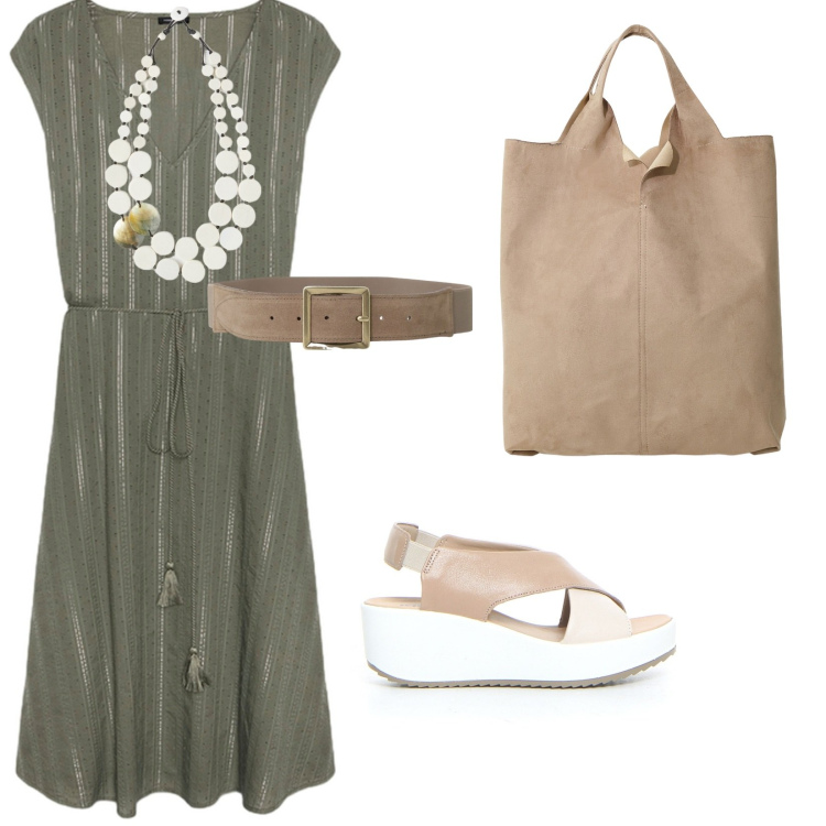Outfit donna - Giugno. per Tutti i giorni. Abbinamento con cinture, shopping bag, vestiti midi/longuette, sandali, ciondoli.