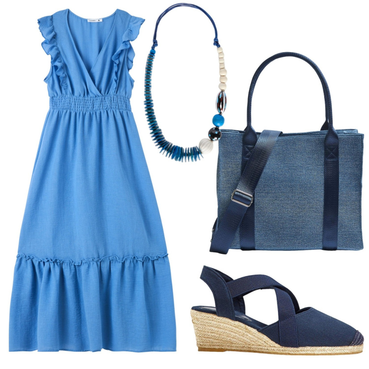 Outfit donna - Maxi Summer dress. Stile Basic per Tutti i giorni. Abbinamento con sandali col tacco, vestiti lunghi, shopping bag, collane.