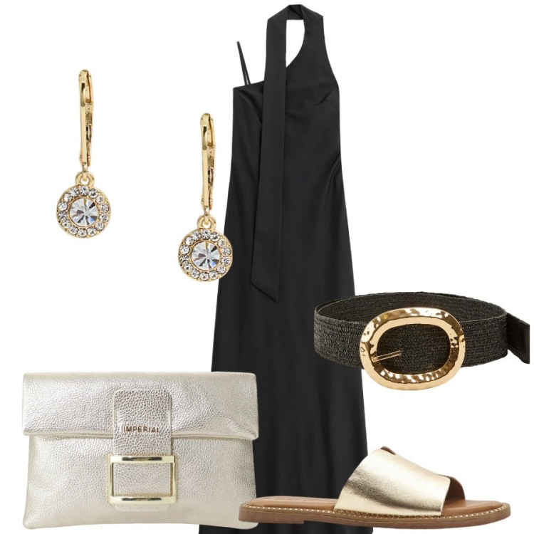 Outfit donna - Serata all’aperto con stile. Stile Chic per Serata fuori. Abbinamento con ciabatte, cinture, pochette, vestiti lunghi, orecchini.