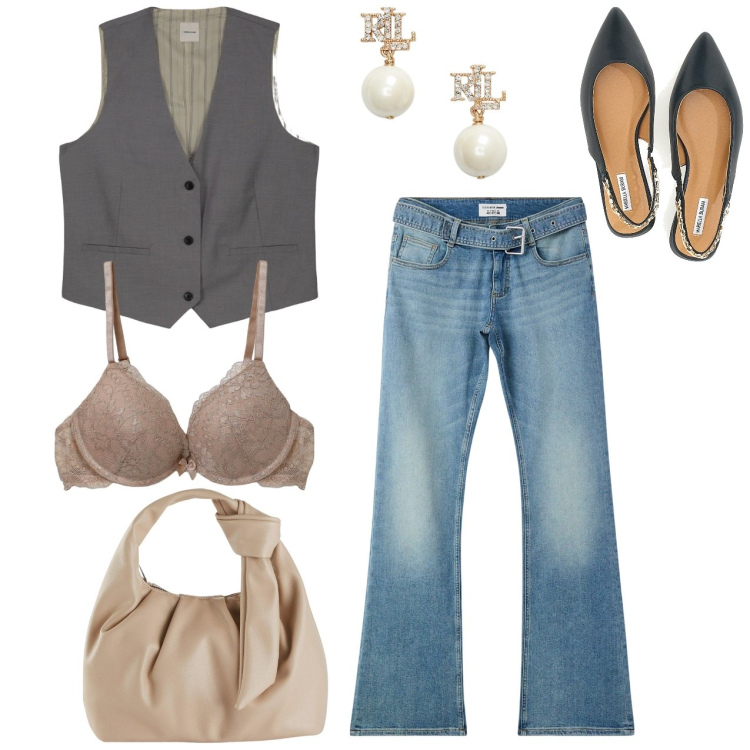 Outfit donna - Serata gilet. Stile Casual chic per Serata fuori. Abbinamento con borse a mano, jeans a zampa, reggiseni push-up, orecchini, ballerine, gilet.