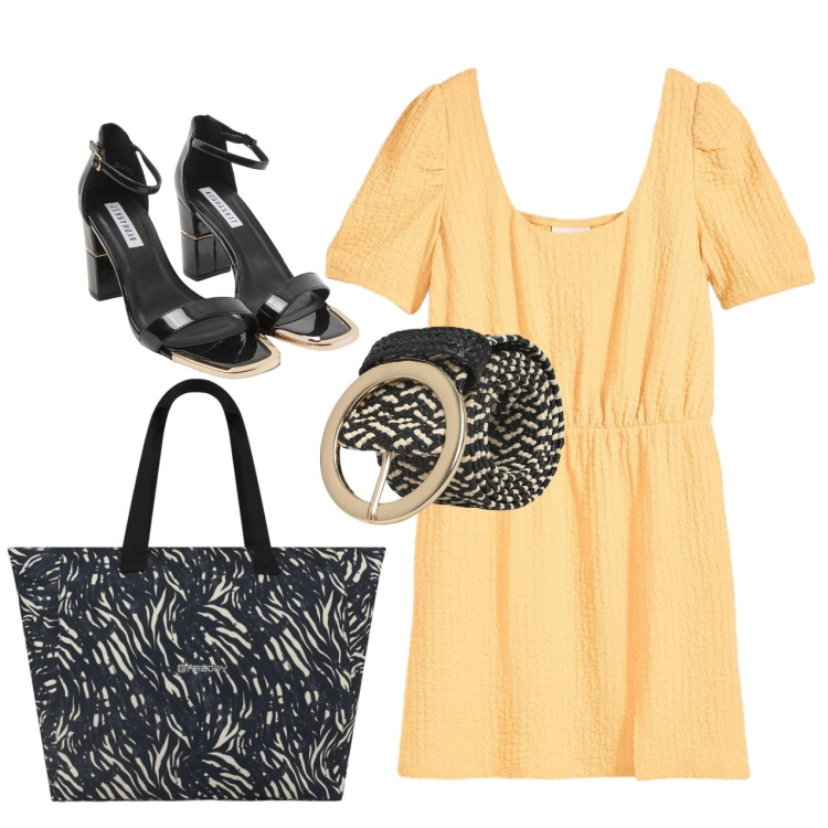 Outfit donna - Abitino giallo. Stile Bon Ton per Ufficio. Abbinamento con vestiti, sabot, cinture, shopping bag.