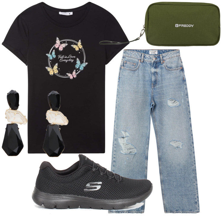 Outfit donna - Farfalle sul jeans. Stile Casual chic per Tutti i giorni. Abbinamento con jeans strappati, t-shirt, valigie, orecchini, sneakers.