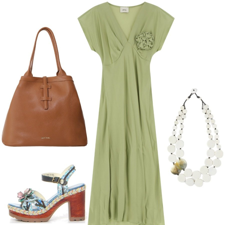 Outfit donna - Un abito leggero a giugno. Stile Casual chic per Tutti i giorni. Abbinamento con borse tote, vestiti, sandali col tacco, ciondoli.