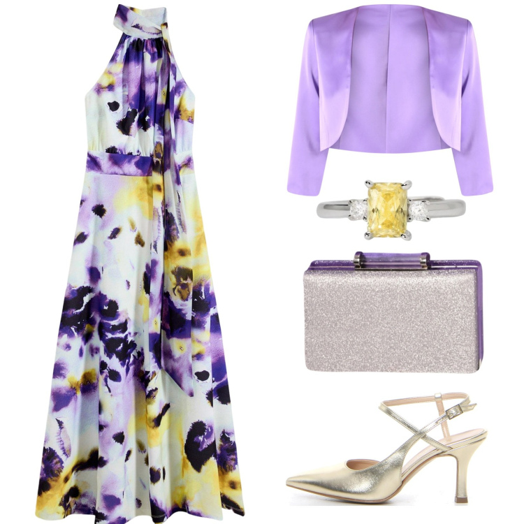 Outfit donna - Maxi Summer dress. Stile Glamour per Cerimonia. Abbinamento con vestiti lunghi, anelli, bolero, pochette, sandali col tacco.