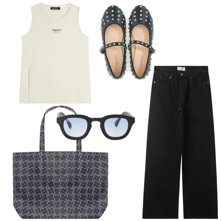 Outfit donna - Borchie. Stile Casual chic per Tutti i giorni. Abbinamento con jeans, occhiali da sole, canottiere, ballerine, shopping bag.