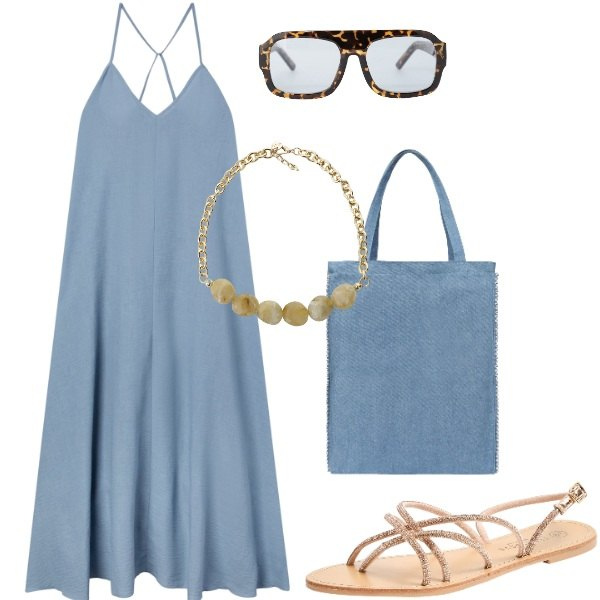 Outfit donna - Un abito leggero a giugno. Stile Trendy per Serata fuori. Abbinamento con sandali, borse tote, vestiti lunghi, occhiali da sole, collane.