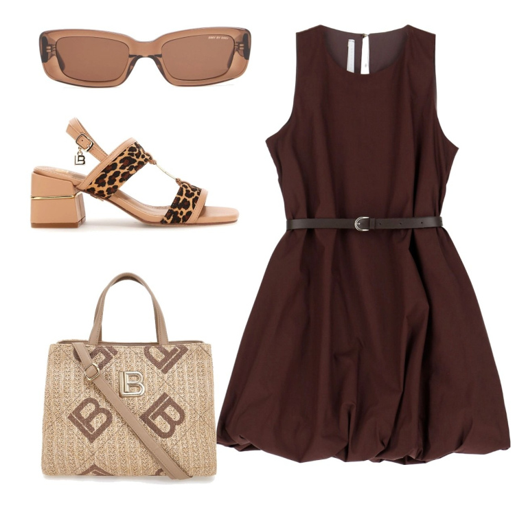 Outfit donna - In città. Stile Bon Ton per Ufficio. Abbinamento con vestiti corti, sandali col tacco, borse a tracolla, occhiali da sole.
