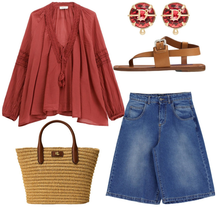 Outfit donna - Boho di classe. Stile Boho per Tutti i giorni. Abbinamento con orecchini, camicie, shorts, sandali in pelle, borse tote.