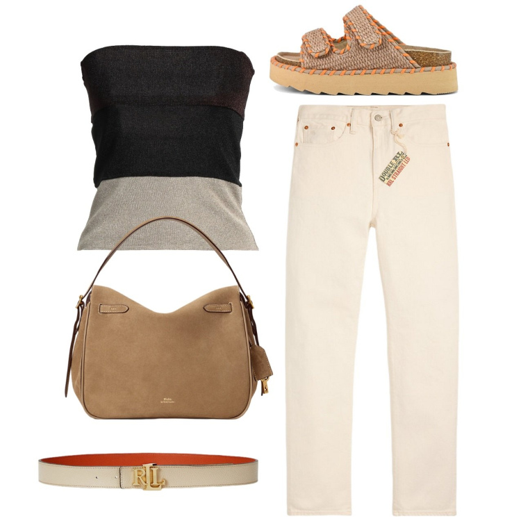 Outfit donna - Minimal casual. Stile Casual chic per Tutti i giorni. Abbinamento con top, cinture, jeans dritti, borse a mano, sandali.