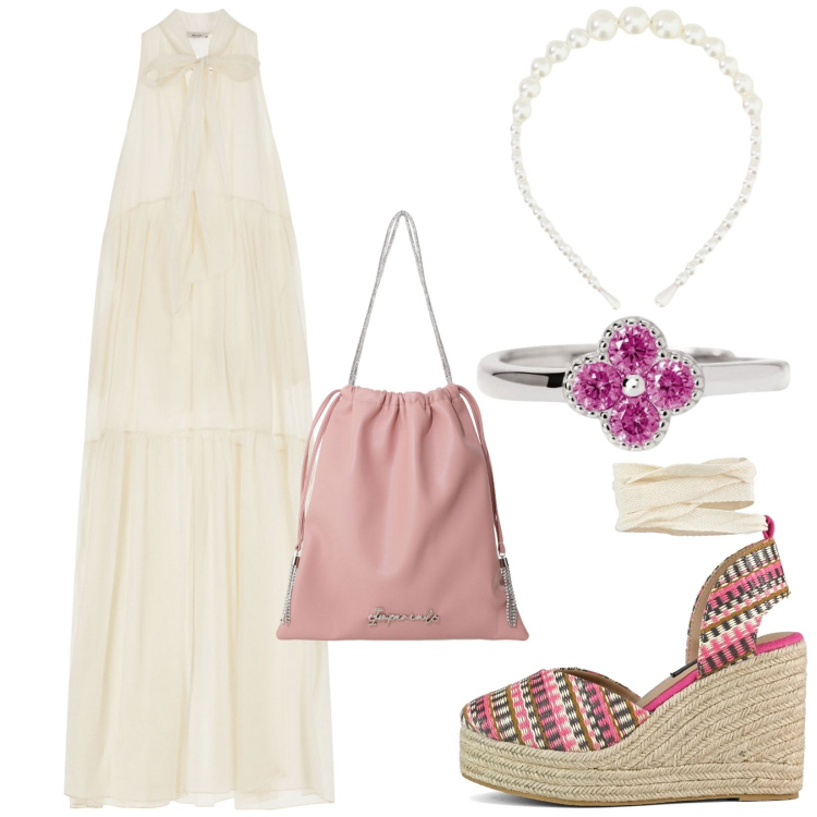 Outfit donna - Dixie a Positano. Stile Romantica per Tutti i giorni. Abbinamento con anelli, borse a secchiello, vestiti lunghi, cerchietti, zeppe.