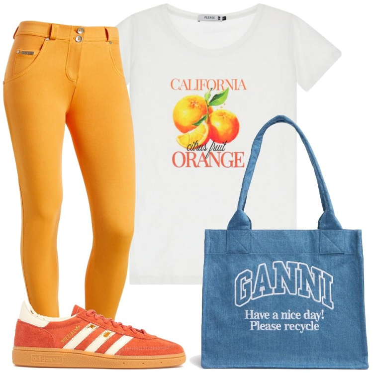 Outfit donna - California orange. Stile Casual per Scuola/Università. Abbinamento con t-shirt, pantaloni skinny, shopping bag, sneakers.