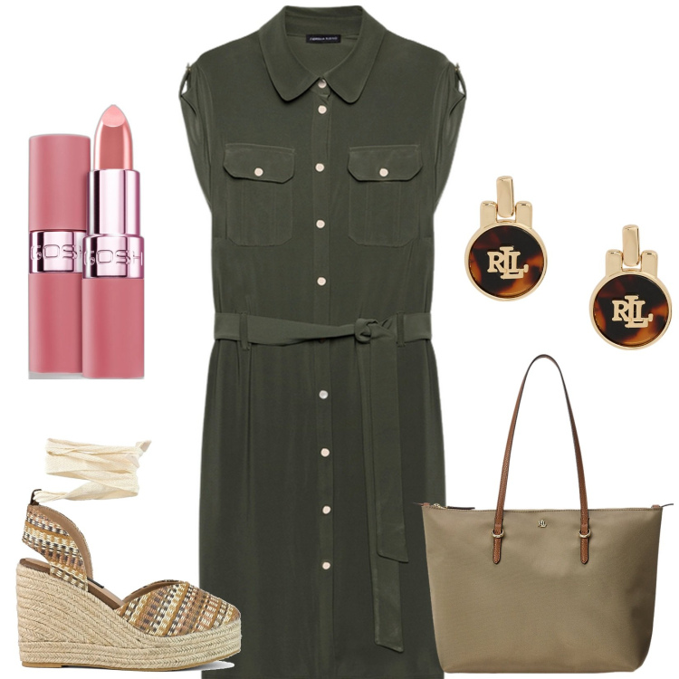 Outfit donna - City. Stile Casual per Tutti i giorni. Abbinamento con rossetti, borse tote, orecchini, vestiti chemisier, zeppe.