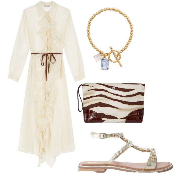 Outfit donna - Serata all\'aperto con stile. Stile Chic per Serata fuori. Abbinamento con sandali, vestiti lunghi, braccialetti, pochette.