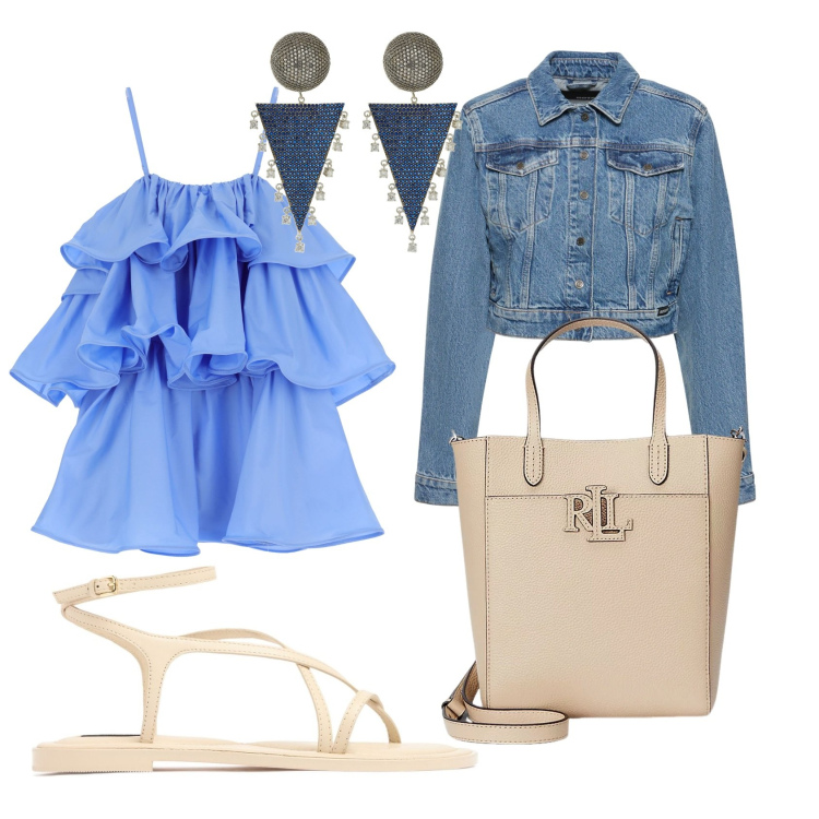 Outfit donna - Abito con volant imperial. Stile Casual chic per Serata fuori. Abbinamento con vestiti corti, borse tote, blazer, sandali in pelle, orecchini.