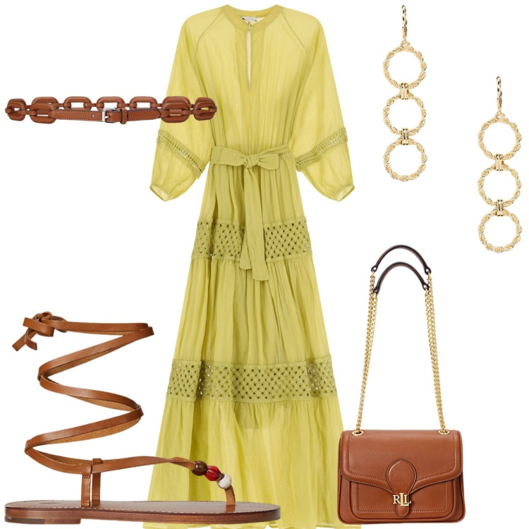 Outfit donna - Serata all\'aperto in stile etnico. Stile Etnico per Serata fuori. Abbinamento con borse a spalla, orecchini, cinture, sandali gioiello, vestiti lunghi.