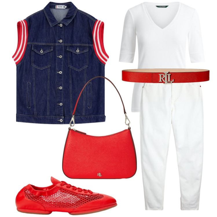 Outfit donna - Total look #2182722. Stile Trendy per Tutti i giorni. Abbinamento con gilet, t-shirt, borse a spalla, cinture, jeans, ballerine.