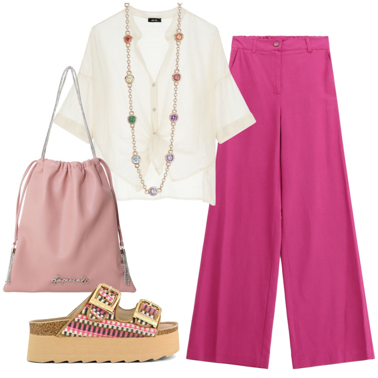 Outfit donna - Positano. Stile Casual per Tutti i giorni. Abbinamento con collane, borse a secchiello, pantaloni, camicie, sandali.