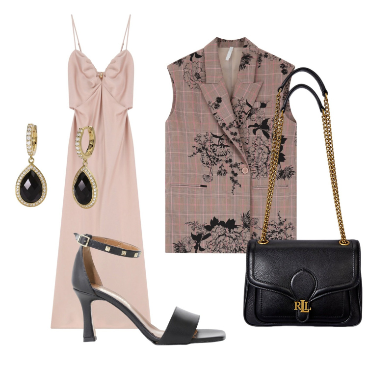 Outfit donna - Matrimonio imperial. Stile Casual chic per Cerimonia. Abbinamento con orecchini, vestiti lunghi, gilet, sandali col tacco, borse a spalla.