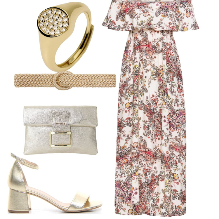 Outfit donna - Serata all\'aperto in stile Boho. Stile Boho per Serata fuori. Abbinamento con vestiti lunghi, cinture, anelli, pochette, sandali col tacco.