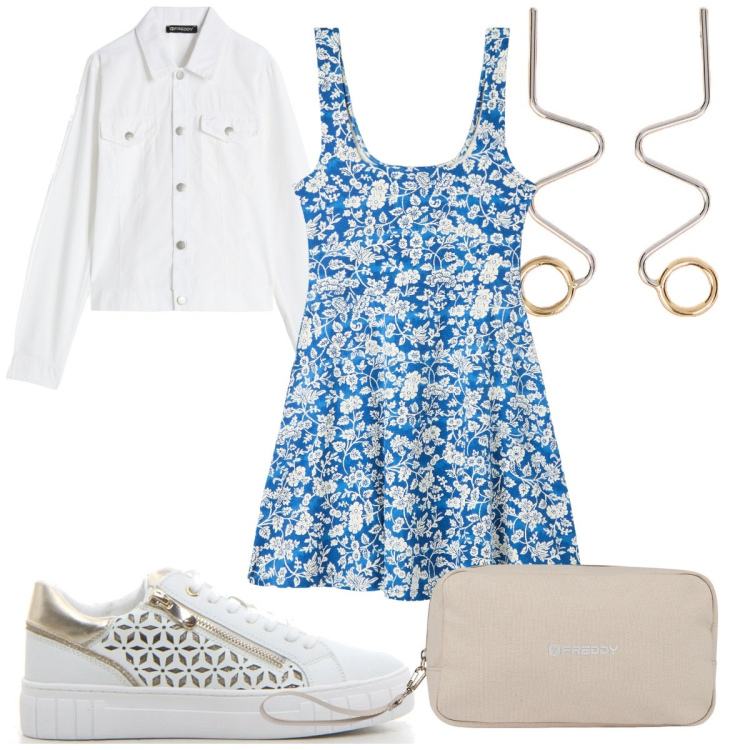 Outfit donna - Abito leggero a giugno : trendy e giovan. Stile Basic per Tutti i giorni. Abbinamento con vestiti corti, valigie, blazer, orecchini, sneakers.