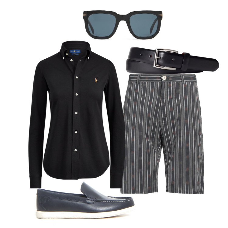 Outfit uomo - In città. Stile Trendy per Tutti i giorni. Abbinamento con shorts, cinture, camicie, occhiali da sole, scarpe stringate.