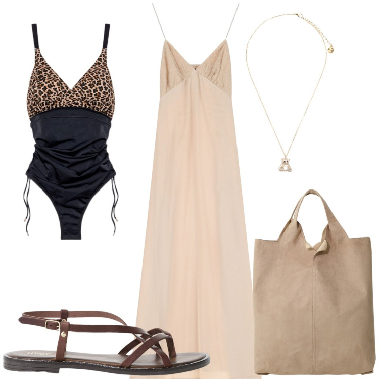 Outfit donna - Un abito leggero a giugno : in vacanza. Stile Trendy per Mare. Abbinamento con ciondoli, vestiti lunghi, sandali, shopping bag, costumi interi.