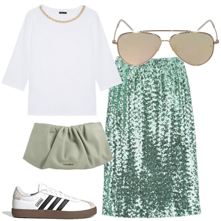 Outfit donna - Glam anche di giorno. Stile Glamour per Tutti i giorni. Abbinamento con borse a mano, gonne longuette, t-shirt, occhiali da sole, sneakers.