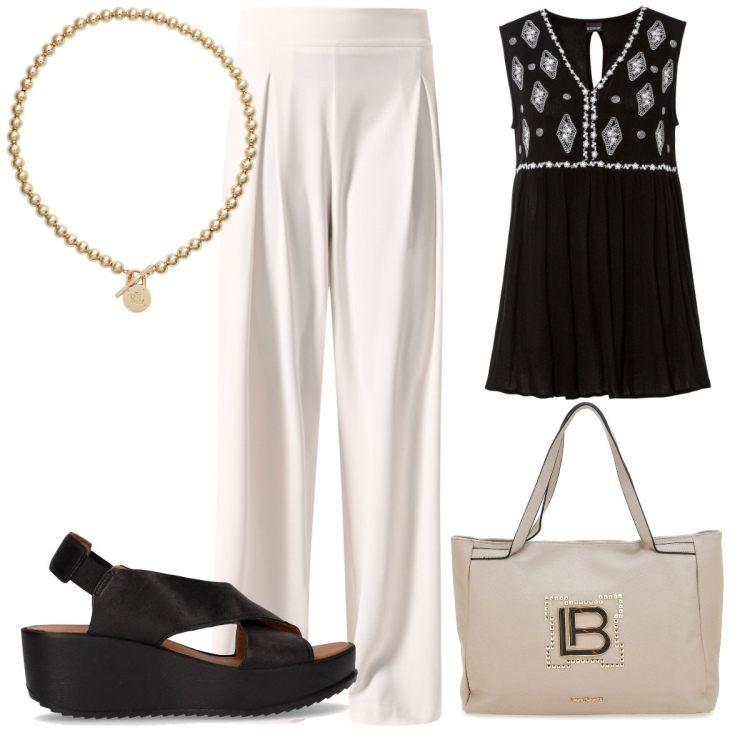 Outfit donna - Total look #2182745. Stile Trendy per Tutti i giorni. Abbinamento con top, pantaloni a palazzo, collane, borse a spalla, sandali.