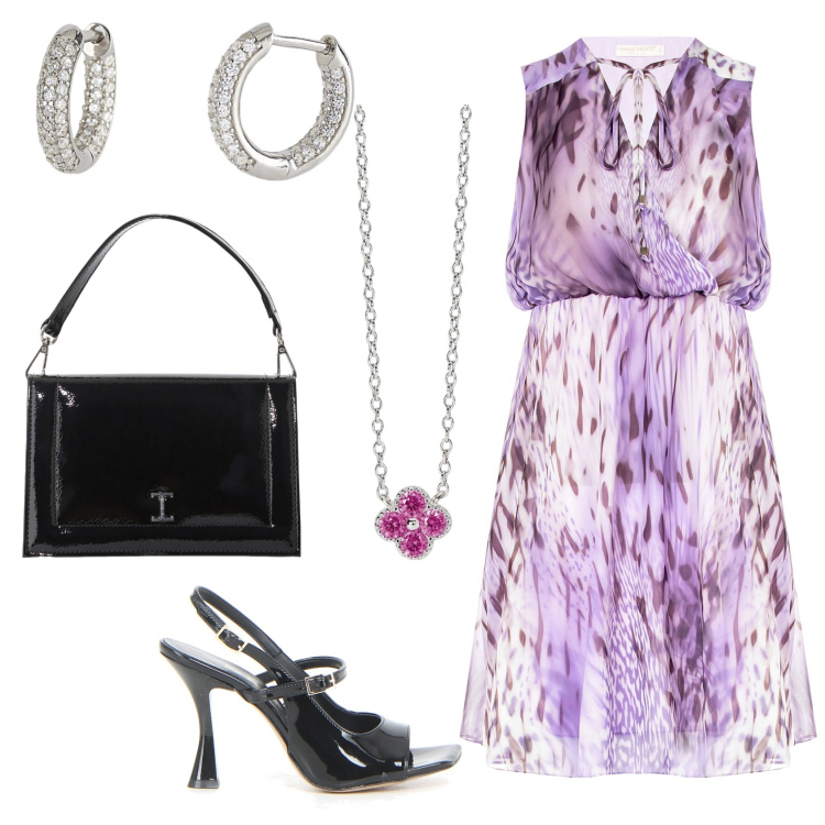 Outfit donna - Animalier. Stile Glamour per Serata fuori. Abbinamento con collane, orecchini, vestiti senza maniche, borse a tracolla, sandali col tacco.