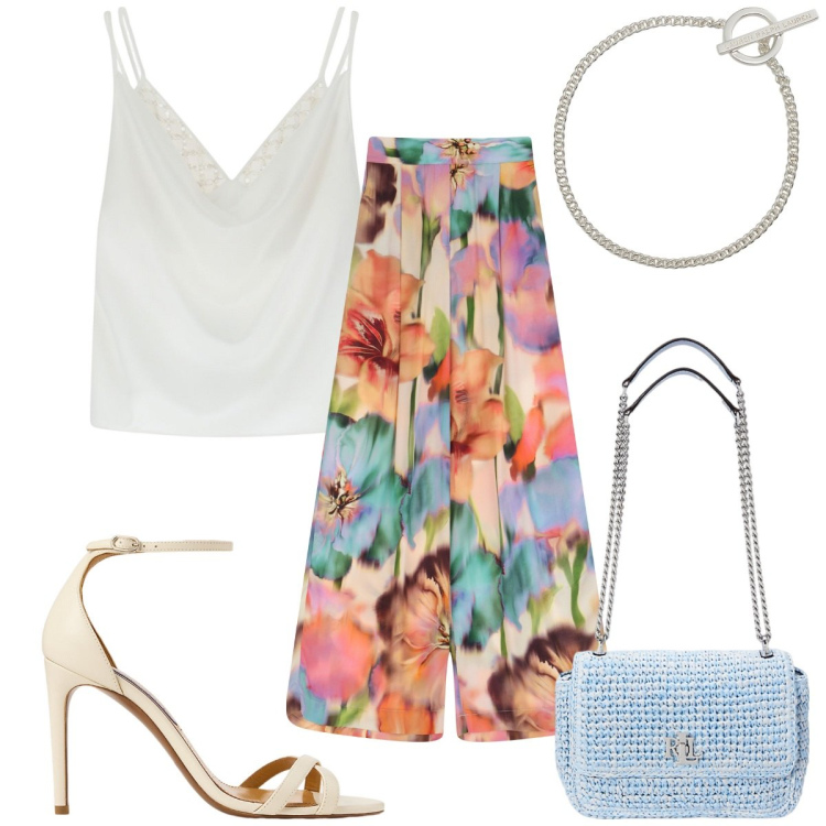 Outfit donna - Total look #2182747. Stile Trendy per Tutti i giorni. Abbinamento con canottiere, pantaloni a palazzo, sandali col tacco, braccialetti, borse a spalla.