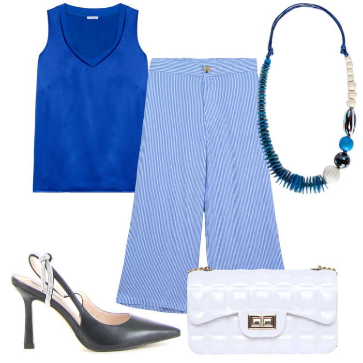 Outfit donna - Total look #2182748. Stile Trendy per Tutti i giorni. Abbinamento con pantaloni a palazzo, borse a tracolla, top, décolleté, collane.