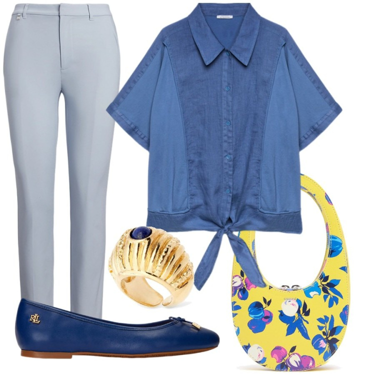 Outfit donna - Frizzante. Stile Bon Ton per Tutti i giorni. Abbinamento con ballerine, pantaloni, camicie, borse a mano, anelli.