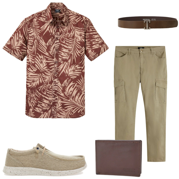 Outfit uomo - Total look #2182754. Stile Casual per Serata speciale. Abbinamento con pantaloni cargo, camicie a manica corta, cinture, portafogli, scarpe stringate.
