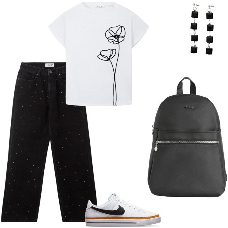 Outfit donna - Mix and chic. Stile Casual chic per Scuola/Università. Abbinamento con t-shirt, jeans, zaini, orecchini, sneakers.