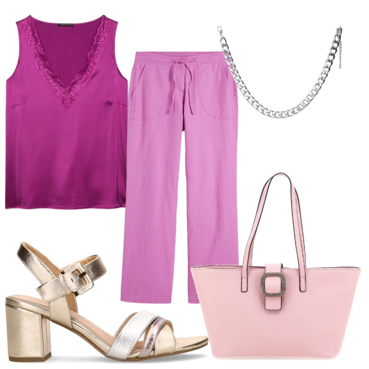 Outfit donna - Total look #2182757. Stile Chic per Cerimonia. Abbinamento con pantaloni a palazzo, collane, top, borse a spalla, sandali col tacco.