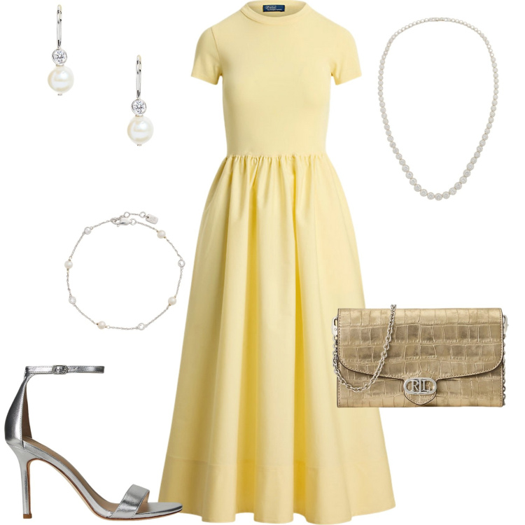 Outfit donna - Total look #2182759. Stile Bon Ton per Serata fuori. Abbinamento con orecchini, braccialetti, sandali in pelle, collane, borse a tracolla, vestiti.