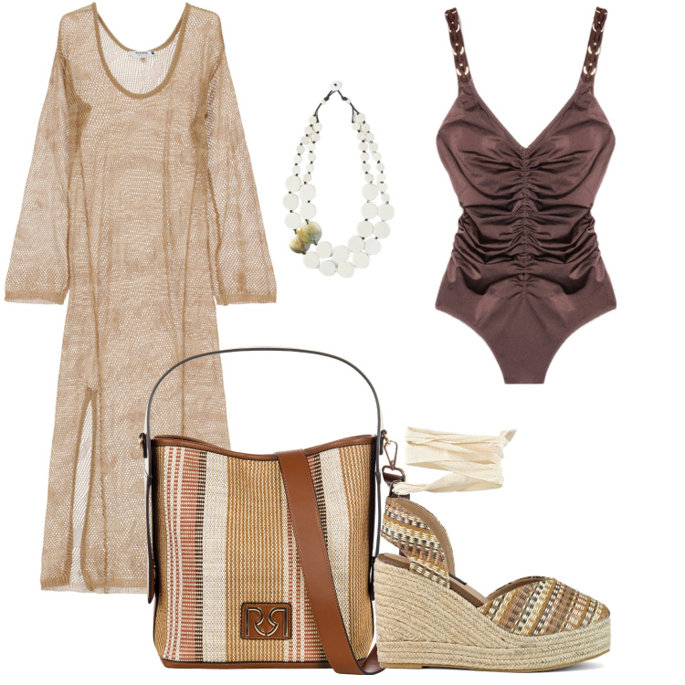 Outfit donna - maxi dress on the beach. Stile Boho per Mare. Abbinamento con borse a secchiello, vestiti lunghi, costumi interi, zeppe, ciondoli.