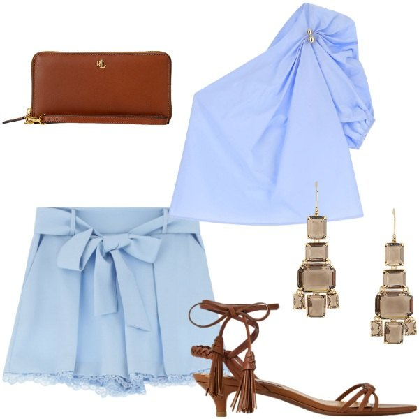 Outfit donna - Compleanno tra amici. Stile Glamour per Serata fuori. Abbinamento con shorts, top, pochette, sandali col tacco, orecchini.