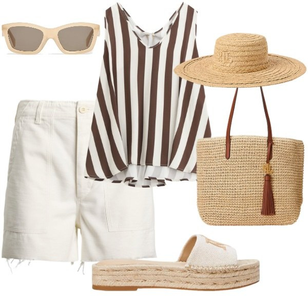 Outfit donna - Passeggiando comodamente al mare. Stile Casual chic per Tutti i giorni. Abbinamento con top, espadrillas, bermuda, borse tote, cappelli, occhiali da sole.