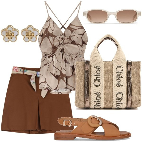 Outfit donna - I toni del marrone. Stile Casual chic per Tutti i giorni. Abbinamento con canottiere, shorts, sandali, orecchini, occhiali da sole, borse a mano.